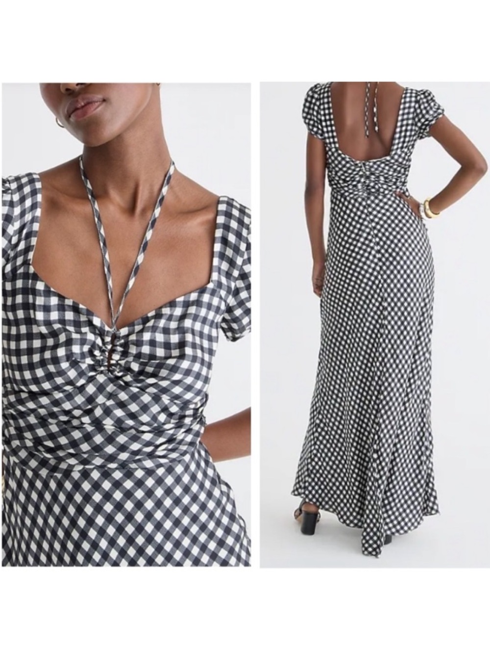 J. Crew Collection NWTs Silk Tie Neck Cap Sleeve Maxi Dress Gingham size 4 Black - Picture 5 of 13